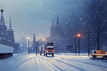 Fototapeta na wymiar Moscow, Russia January 17, 2022 Truck crane in the snow, winter nature.