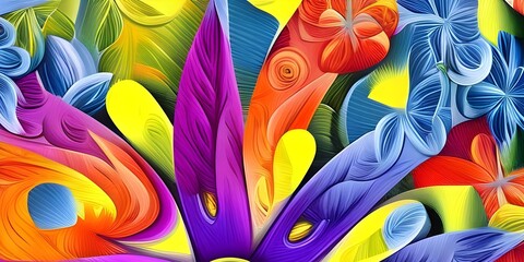 3d wallpaper flowers, 3d rendering, abstract wide panoramic floral background. Floral wallpaper with colorful paper flowers.