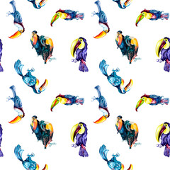 Toucan exotic tropical birds watercolor seamless pattern on white background. © Ekaterina Lanbina