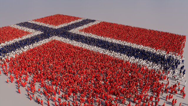 Norwegian Banner Background, with People congregating to form the Flag of Norway.