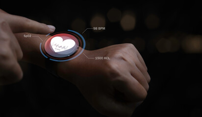 Smart watch technology checking heart rate with health app icon on the screen.