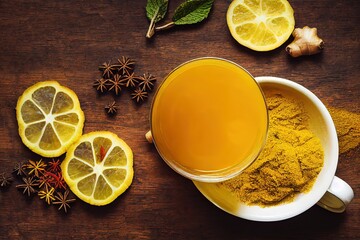 Immune booster antivirus drink, turmeric with ginger, lemon, mint and spices hot winter tea on wooden rustic background, closeup, natural medicine and naturopathy concept