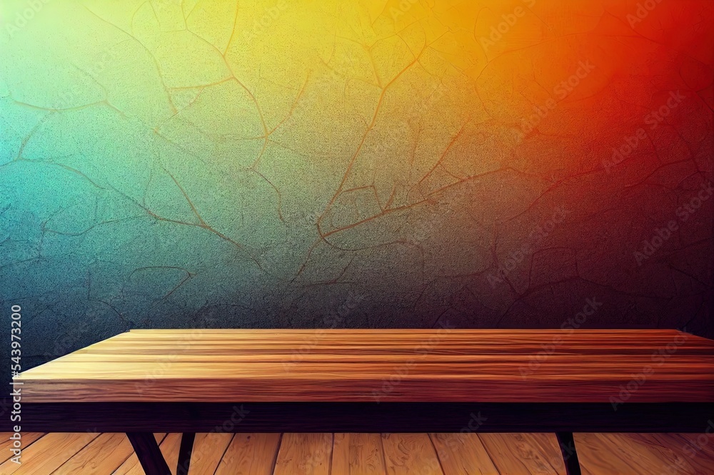 Poster 3d rendering of a beautiful wooden table for products display in front of an empty wall with beautif