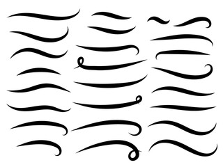 Swish doodle underline set. Hand drawn swoosh elements, calligraphy swirl or sport swoop text tails. Swash decorative strokes on white background, vector illustration