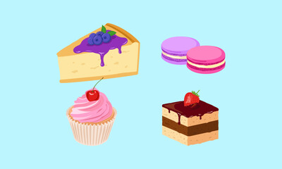 Set of cakes, cheesecakes, desserts, flat style, illustration isolated on blue.