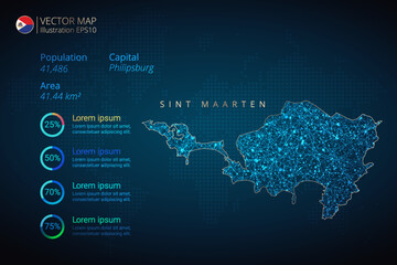 Sint Maarten map infographics vector template with abstract geometric mesh polygonal light concept on blue background. Template for diagram, graph, presentation and chart