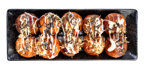 Japanese cuisine Takoyaki octopus balls with takoyaki sauce on white background , Traditional Japanese food.