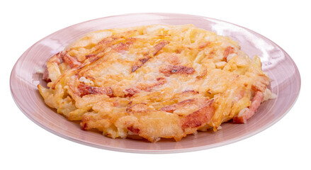 Potato and Bacon Korean pancake or Pajeon in pink plate  on white background, Pajeon Potato and Bacon on white background PNG File.