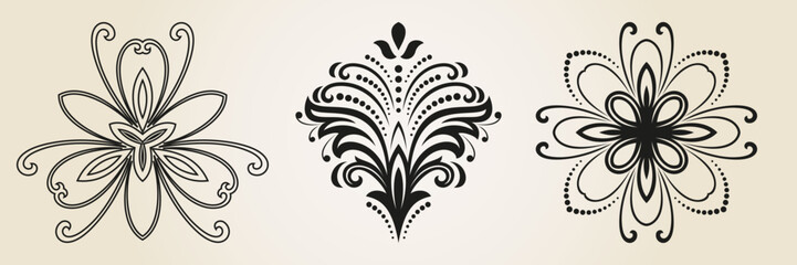 Vintage set of vector black and beige floral elements. Different elements for design frames, cards, menus, backgrounds and monograms. Classic patterns. Set of vintage patterns - 543976600