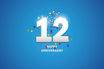 12th anniversary text on blue background.