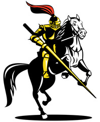 Illustration of knight in full armor on a horse brandishing a sword done in retro style.