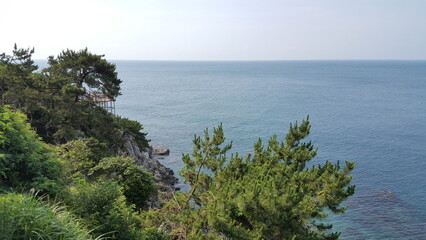 Busan, Korea. Blue and horizontal sea and green trees.