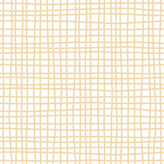 Beige checkered mesh on white background. Uneven vertical and horizontal criss cross lines. Hand drawn seamless pattern. For textile, wrapping paper, wallpaper, stationery and packaging design