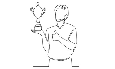 Continuous line of man rises up hand and gets trophy