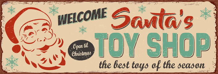 Santa's toy shop metal sign .Retro poster 1950s style.