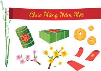 Tet decoration chung cake new year peach blossom apricot flower red card and coin