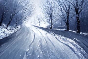 Car tires on winter road covered with snow. Vehicle on snowy alley in the morning at snowfall