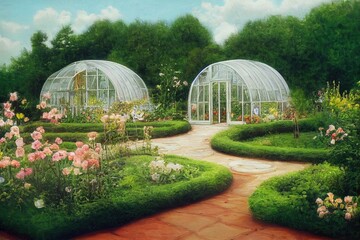 Beautiful greenhouse glass house in the garden yard near the villa. There are lots of pots with blooming blossom colorful flowers. Landscape garden design. Greenhouse for growing plant seedlings.