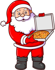 The santa claus is very happy and showing one regular pizza that he buy