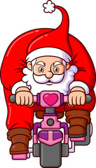 The santa claus is very focus and fast while riding a cute bicycle with a love sign