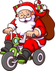 The cute santa claus is riding on a bicycle and carrying gifts while winking