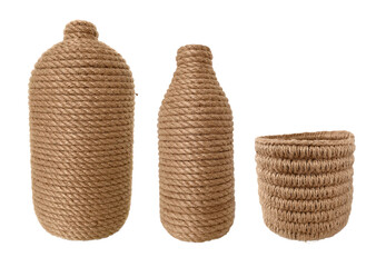 Fototapeta Pots wrapped and basket knitted from jute thread isolated on a transparent background. Rough handicrafts in rustic style. handmade scandi png set obraz
