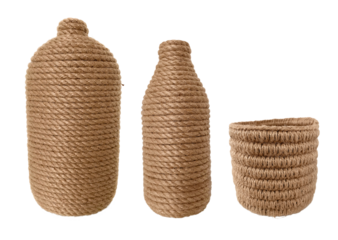 Pots wrapped and basket knitted from jute thread isolated on a transparent background. Rough handicrafts in rustic style. handmade scandi png set