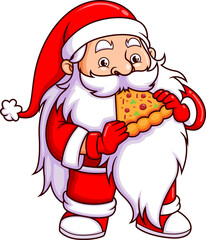 The old santa claus is eating a slice of pizza in the christmas party