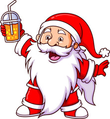 The happy santa claus is holding and rising the bubble tea