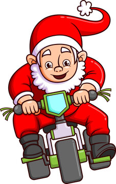 The cute santa claus is riding a bicycle so fast while smiling