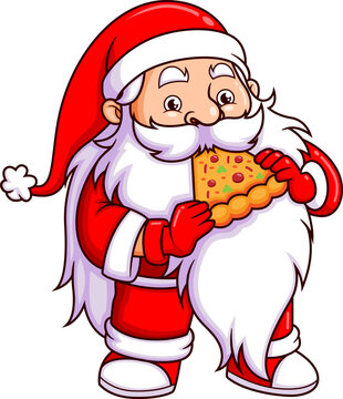 recommend clip art: The old santa claus is eating a slice of pizza in the christmas party