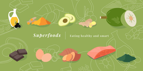 10 popular super food illustration vector clipart graphic, healthy food, diet, nutrient topic, turmeric, spirulina, avocado, breadfruit, olive oil, salmon