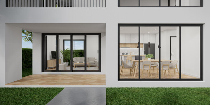 Entrance to new house with living room and kitchen. 3d rendering of residential building with interior.