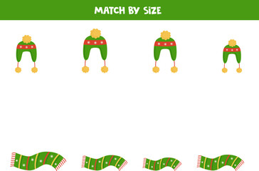 Matching game for preschool kids. Match winter hats and scarfs by size.