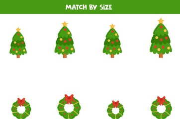Matching game for preschool kids. Match Christmas trees and wreaths by size.