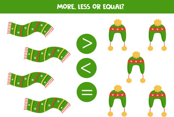 More, less or equal with winter hat and scarf.