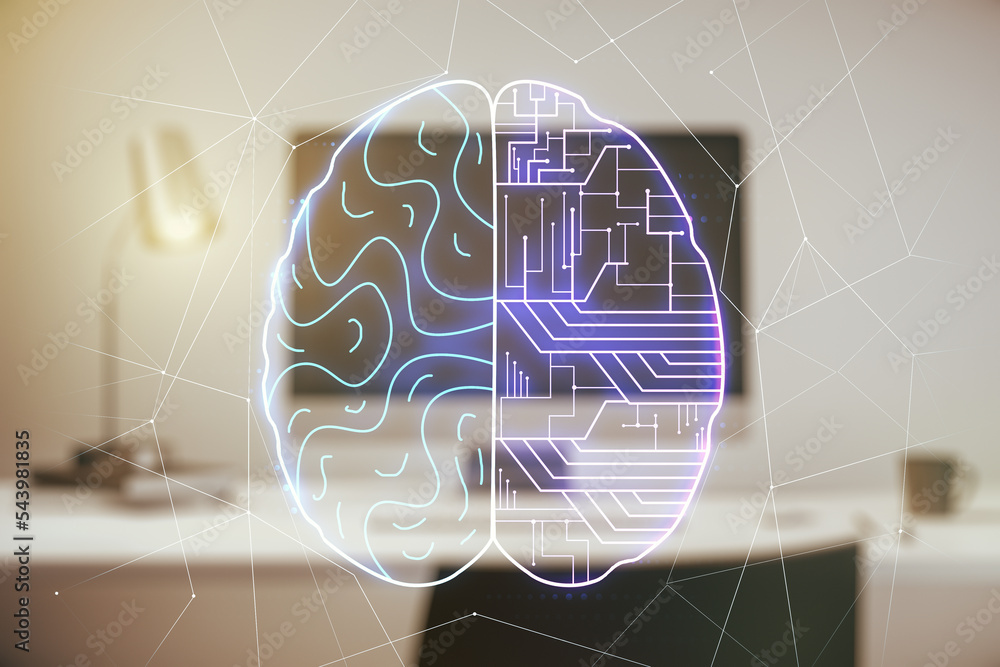 Poster double exposure of creative artificial intelligence symbol with modern laptop on background. neural 