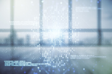 Abstract virtual creative code skull hologram on empty room interior background, theft of personal data and malware concept. Multiexposure