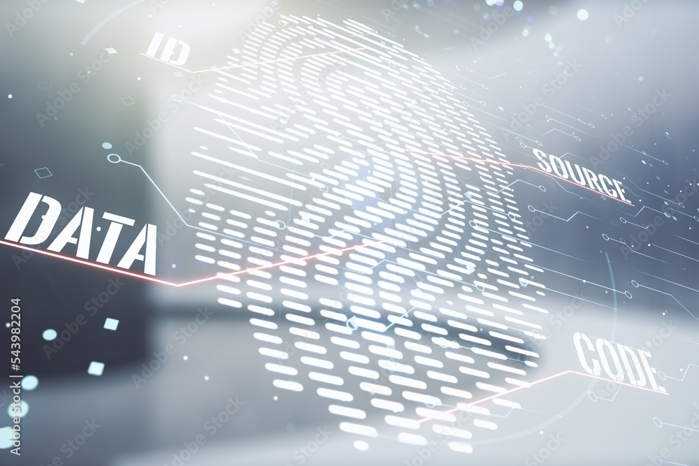 Poster multi exposure of virtual fingerprint scan interface on empty modern office background, digital acce