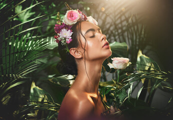 Flower, crown and woman in studio for skincare, beauty and relax, zen and cosmetics in jungle....