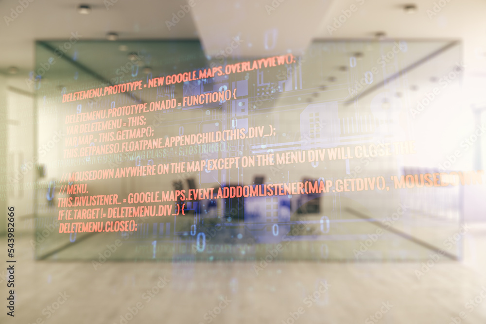 Fototapete Multi exposure of abstract creative coding sketch on a modern furnished office background, artificial intelligence and neural networks concept