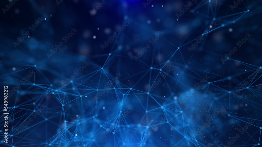 Poster Abstract technology of low poly triangle shape with dots and lines network dynamic on blue cyber space illustration background.