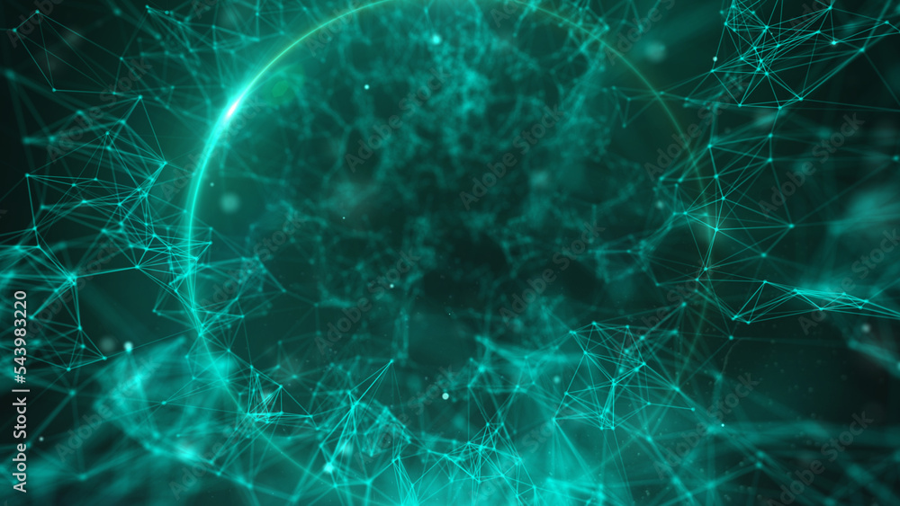 Poster Technology futuristic of low poly triangle moving. Network digital dots and lines connecting illustration background.