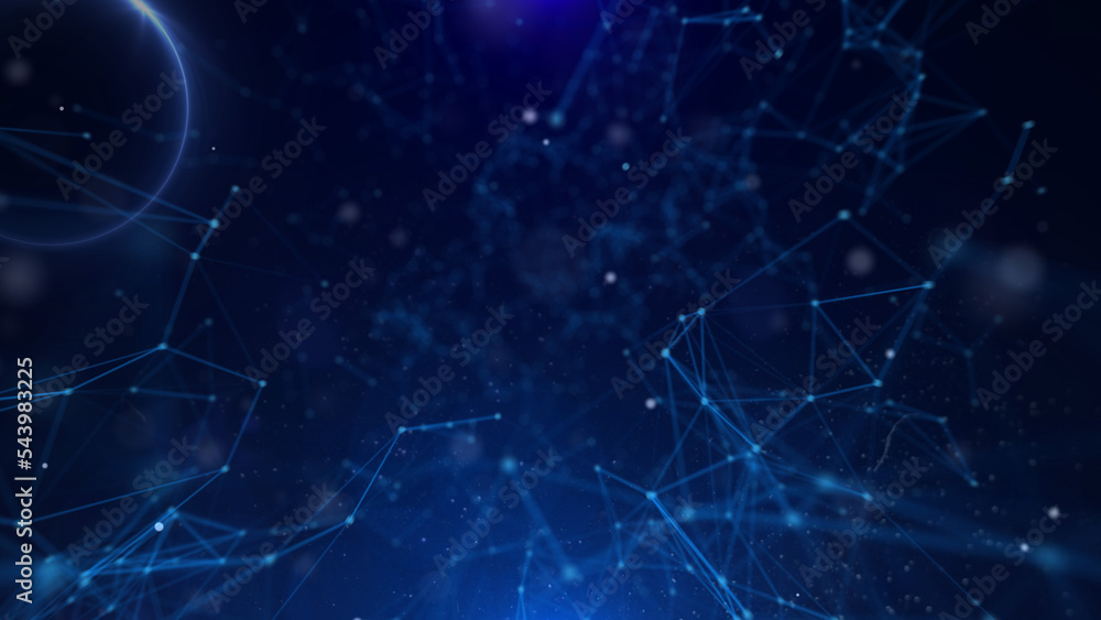 Poster Abstract technology of low poly triangle shape with dots and lines network dynamic on blue cyber space illustration background.