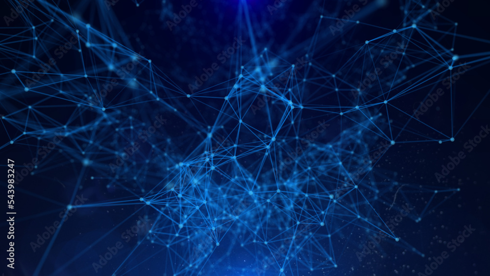 Poster Abstract technology of low poly triangle shape with dots and lines network dynamic on blue cyber space illustration background.