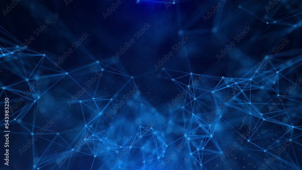 Poster Abstract technology of low poly triangle shape with dots and lines network dynamic on blue cyber space illustration background.