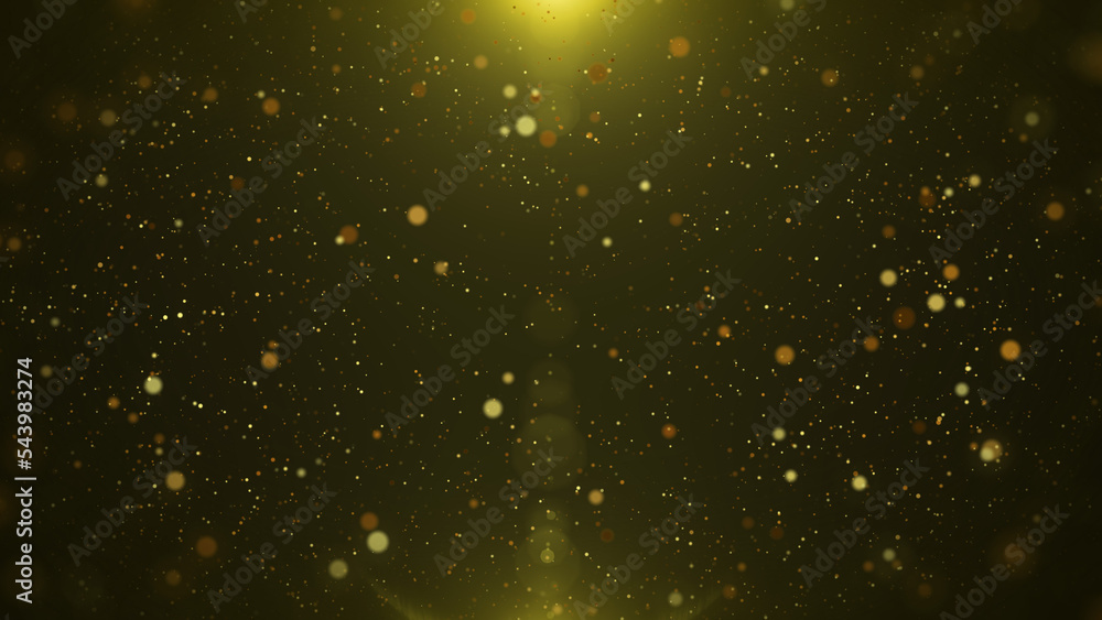 Aufkleber Gold particle, bokeh flying through illustration background. Abstract glittering golden dust movement in space.
