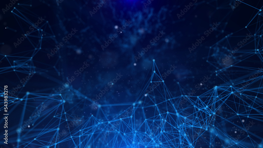 Poster Abstract technology of low poly triangle shape with dots and lines network dynamic on blue cyber space illustration background.