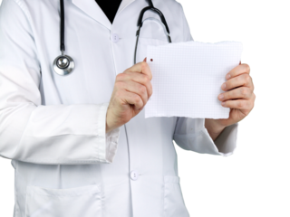Arzt mit Stethoskop im weißen Kittel zeigt ausgerissenen Zettel