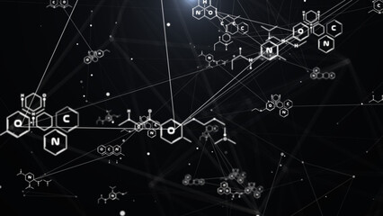 Geometric chemical formulas network structural data concept. Science health care, medical system analysis concept. Data technology cyberspace illustration background.